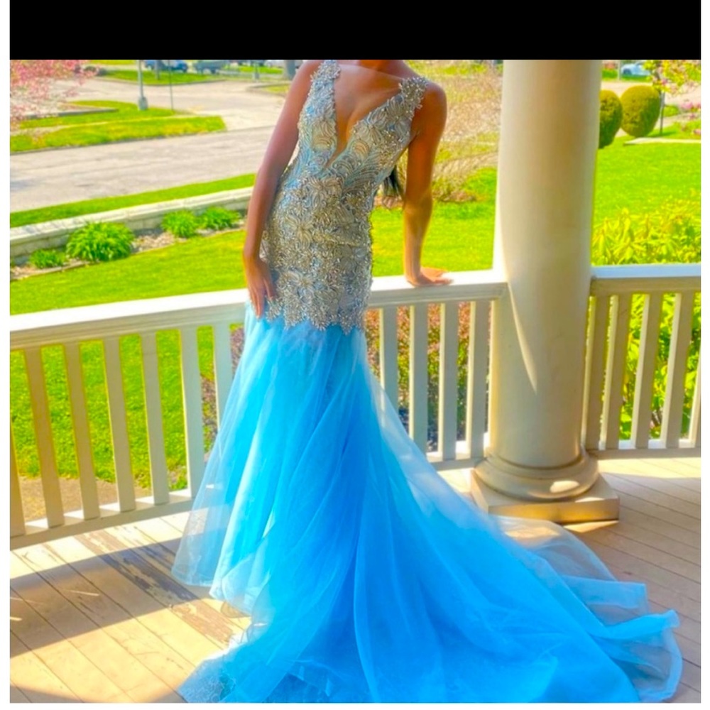 Light blue and rhinestone prom formal